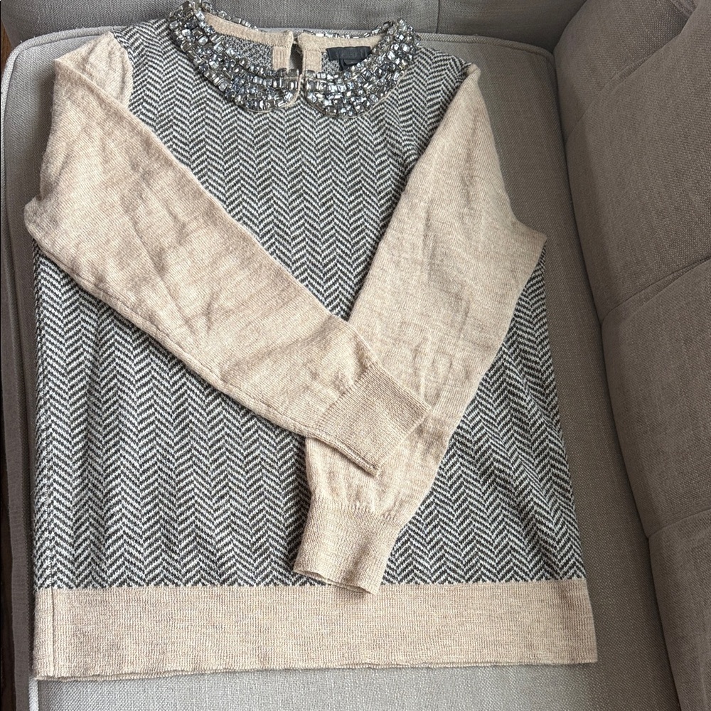 J. Crew jeweled collar, wool herringbone Sweater, Embellished